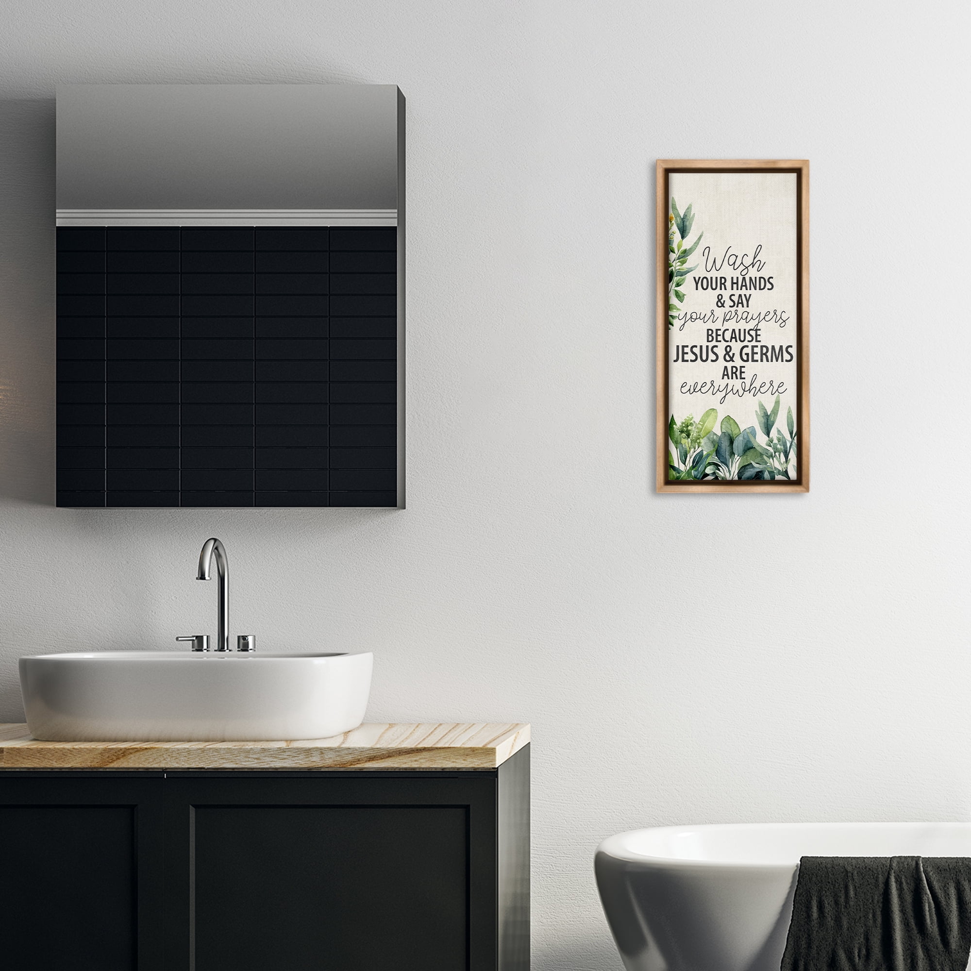 Stupell Industries Jesus & Germs Hygiene Bath & Laundry Painting Brown Floater Framed Canvas Art Print Wall Art, 11 x 25