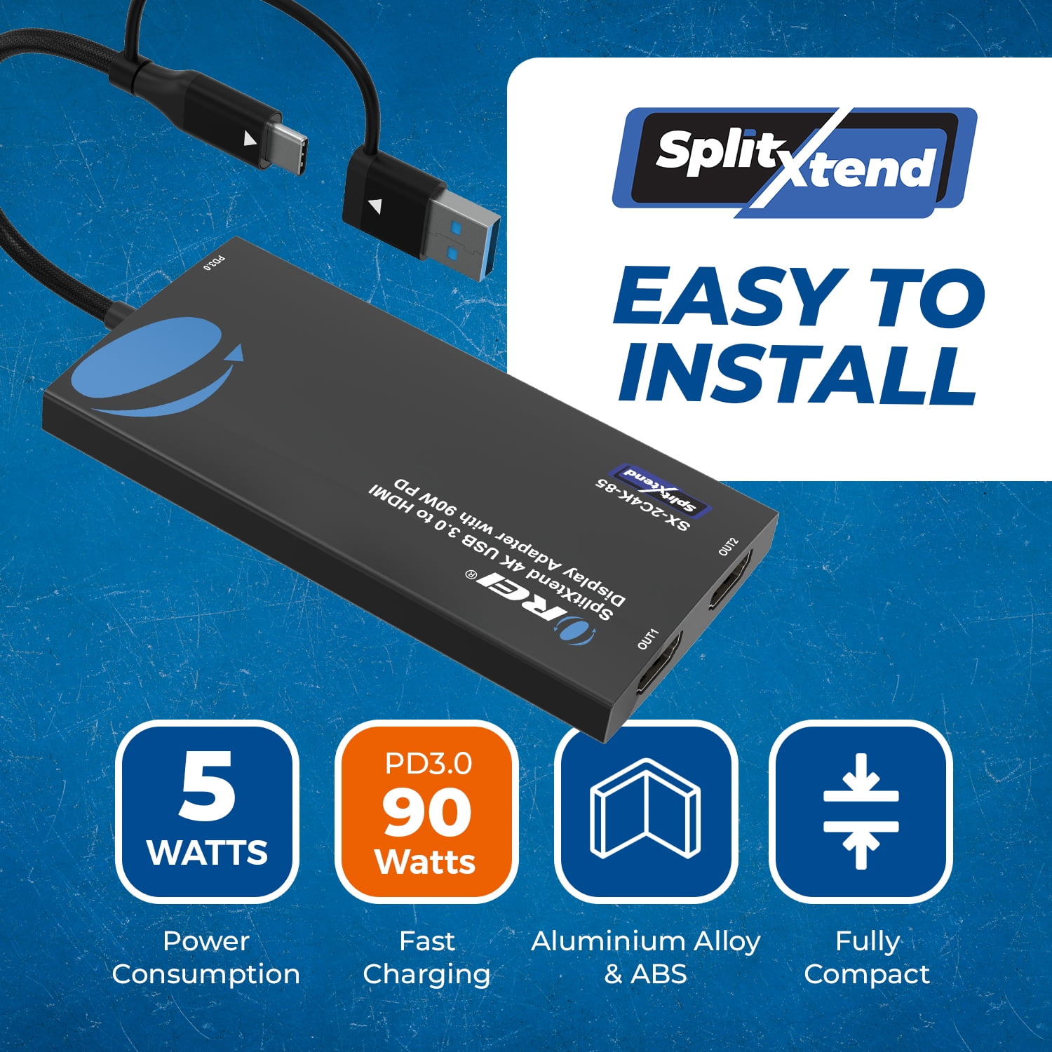 OREI SplitXtend 4K USB 3.0 to HDMI Display Adapter with 90W PD (SX-2C4K-85)