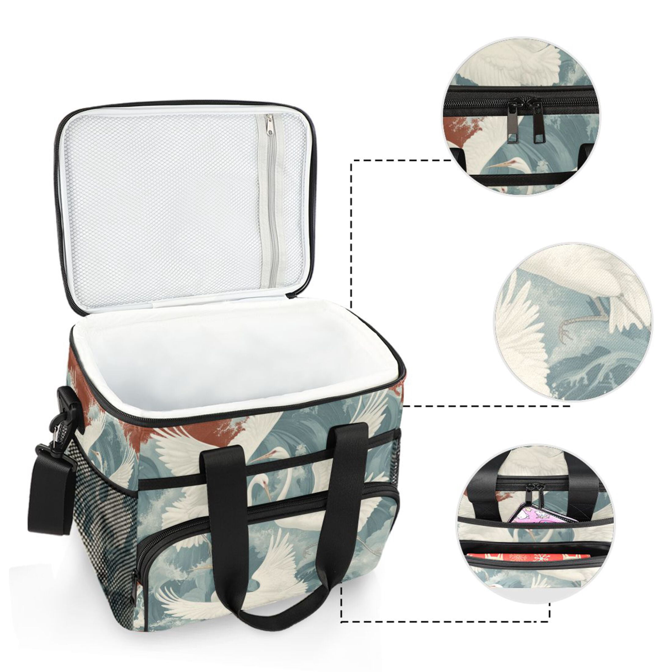 White Crane in The Waves Insulated Lunch Bag 15L Cooler Box for Women Men Work Camping Beach Travel