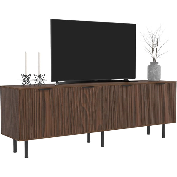 TV Stand for 80 Inch TV, Fluted Entertainment Center with Storage for Living Room, TV Media Console with Adjustable Shelf, Mid Century Modern TV Stand for Bedroom, Walnut