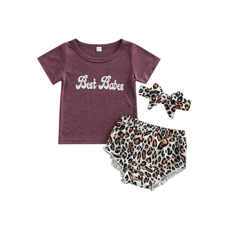 

ZIYIXIN 3pcs Baby Girls Summer Clothes Babe Letter Short Sleeve T Shirts+Leopard Shorts+Headband Sets Purple 3-6 Months