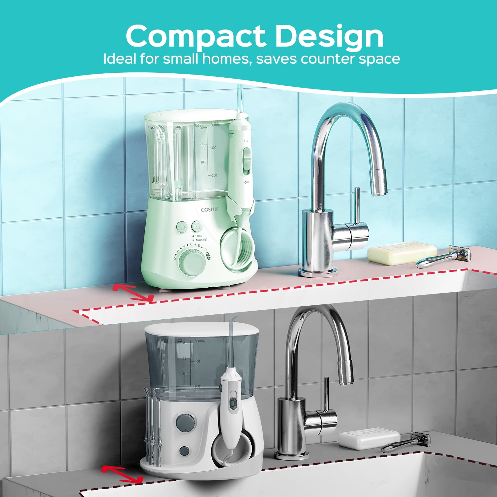 COSLUS EX2 Water Flosser for Teeth,Water Dental Flosser Pick for Teeth,2 Modes & 12 Pressure Settings,600ML,5 Jet Tips for Multiple Users ,Green