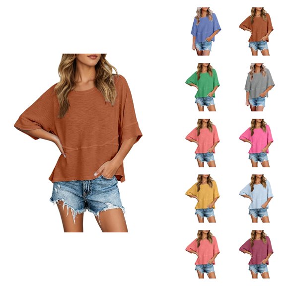 Half Sleeve T Shirts for Women Loose Fit Crewneck Plain Casual Blouse Basic Tee Shirt Summer Tops