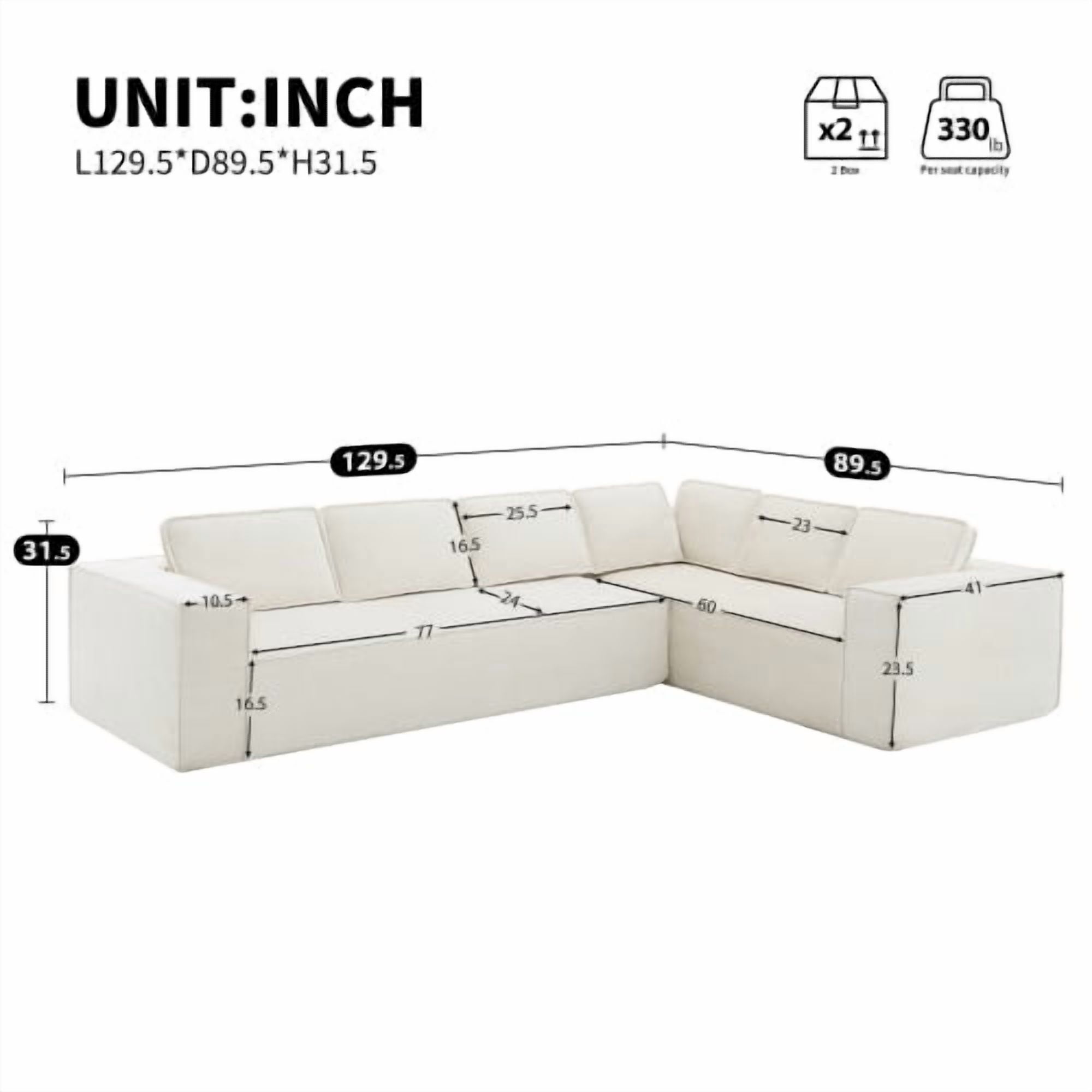 EPOWP Modular Sectional Sofa, 129.5" 6-Seat L-Shaped Cloud Couch Set with Chaise, Wrinkle-Resistant Chenille Boneless Sofa, 2-Piece Free Combination for Living Room, No Assembly Required,Beige