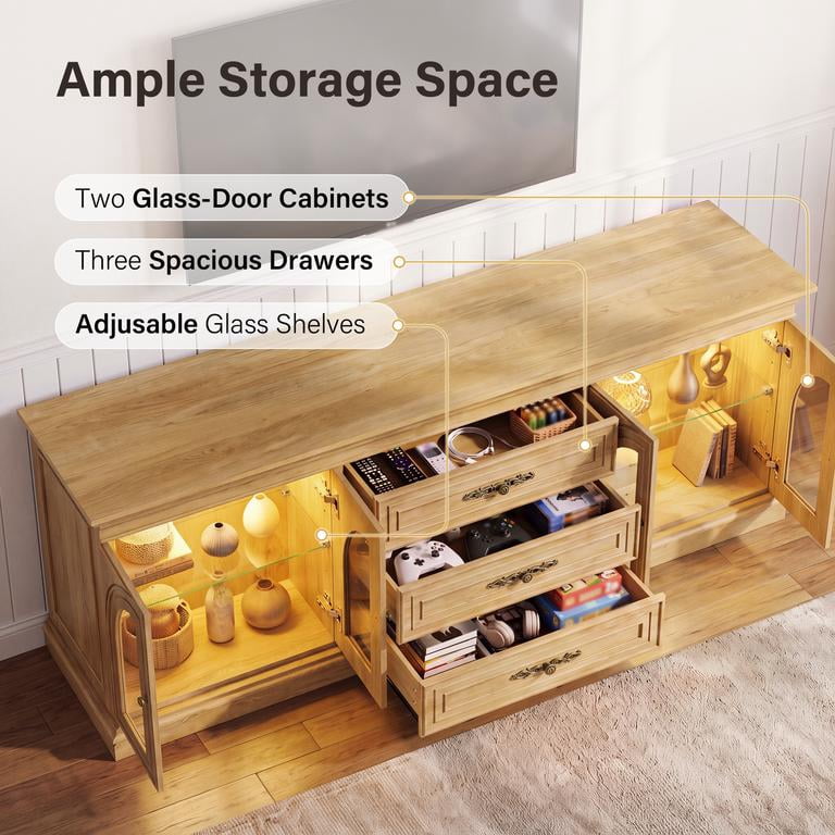 Lacoo 63'' Vintage-Style TV Stand for TVs Up to 70'' with LED Lights, Entertainment Center with Storage Cabinets and Drawers for Living Room, Natural