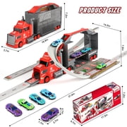 Carsky 2-in-1 Carrier Truck Race Track Playset, 37 Extra-Long Track w/ Parking Lot, 17 Transporter Carrier 4 Metal Mini Cars, Educational Gift Racing Toy for Boys & Girls Ages 3-8