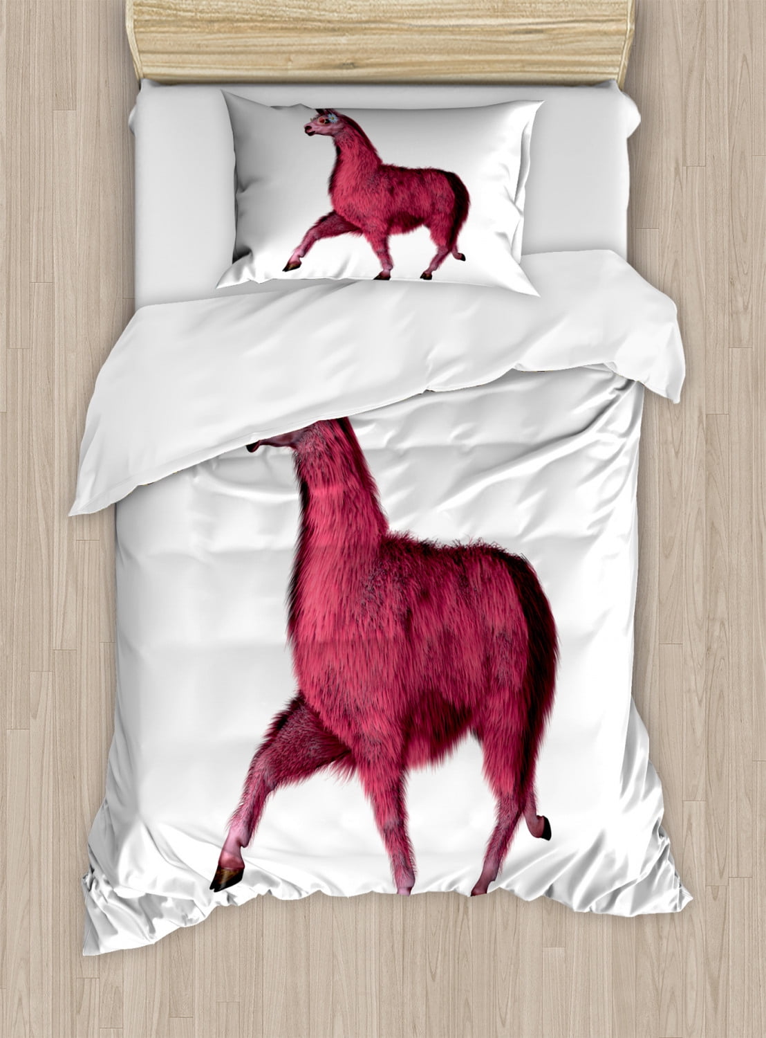Llama Twin Size Duvet Cover Set, Pink Toned Llama Design with Glasses