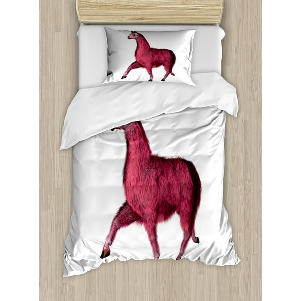 Llama Twin Size Duvet Cover Set, Pink Toned Llama Design with Glasses