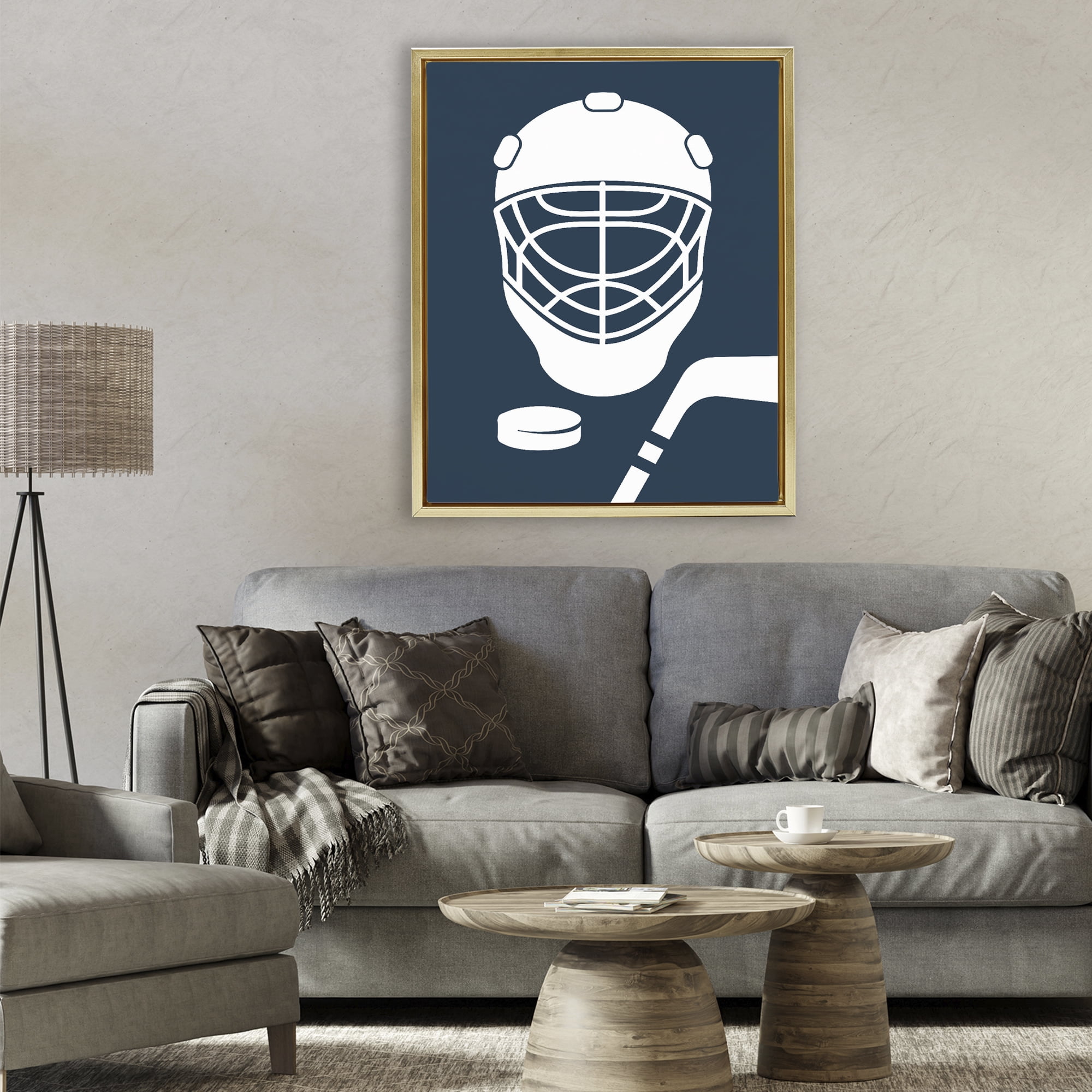 Stupell Industries Hockey Mask Blue & White Gold Framed Floater Canvas Wall Art, design by Melody Hogan