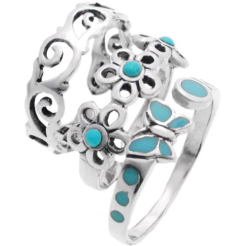 Sterling Silver Created Turquoise Toe Ring Set