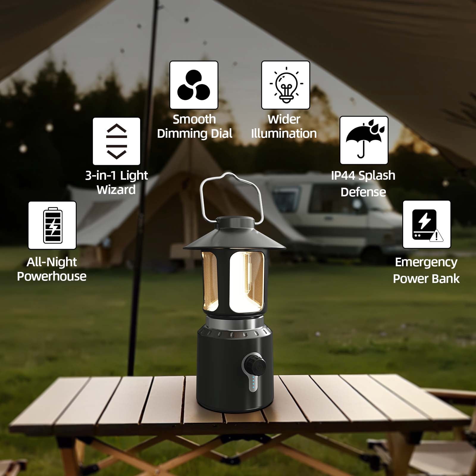 Elice Camping Lantern, 1000LM LED Lanterns for Power Outages, 8000mAh Phone Charger & Rechargeable Lantern, 3 Light Moes & Stepless Dimming Camping Lights for Hurricane Emergency Camping Accessories