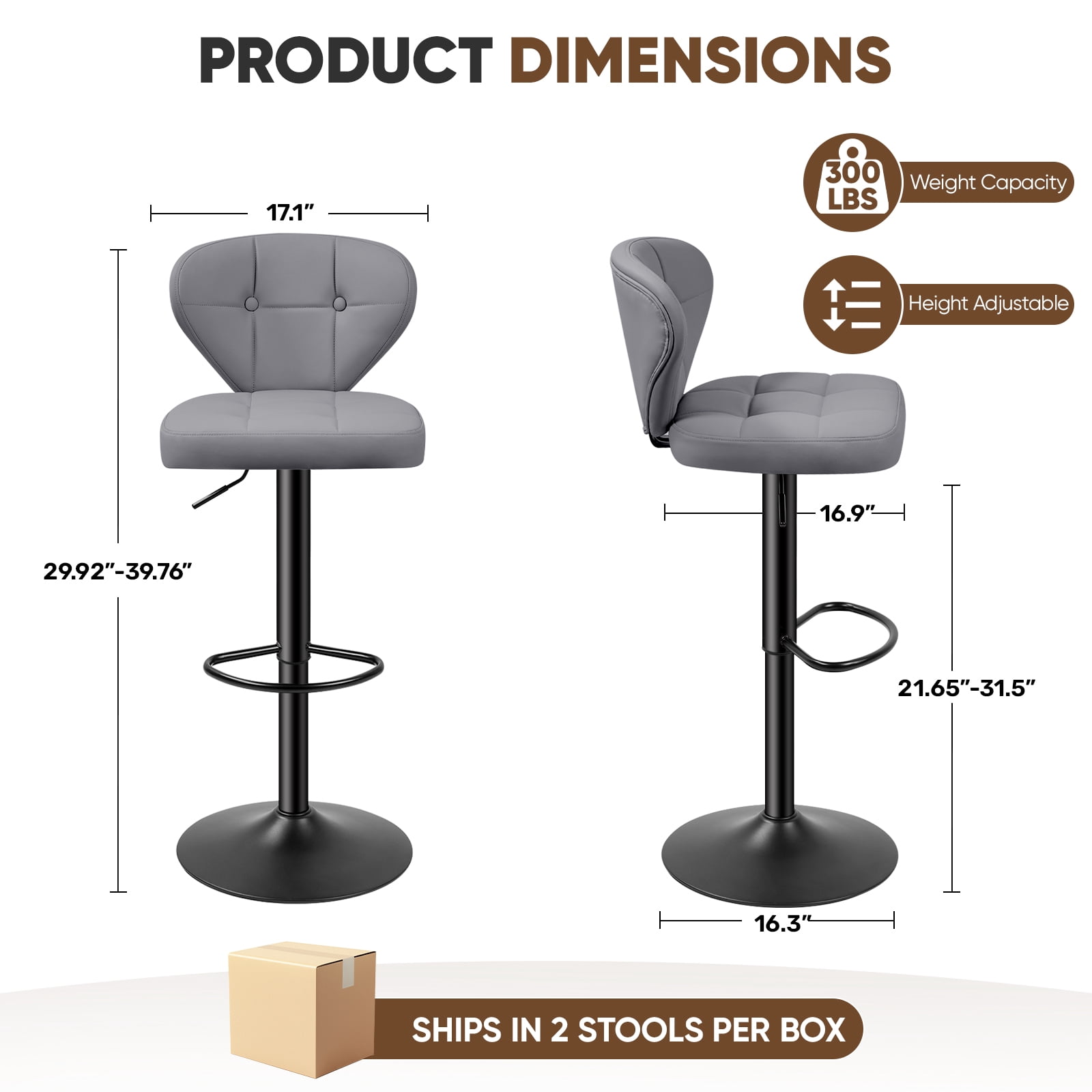 Hawsaiy Vintage Style Leather Bar Stool Set of 4 with Button-Tufted Design,Dark Gray