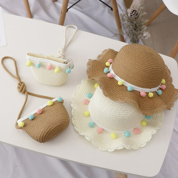 ZPAQI Little Girls Sun Straw Hat Large Wide Brim Pompom Sun Protection Woven Beach Cap