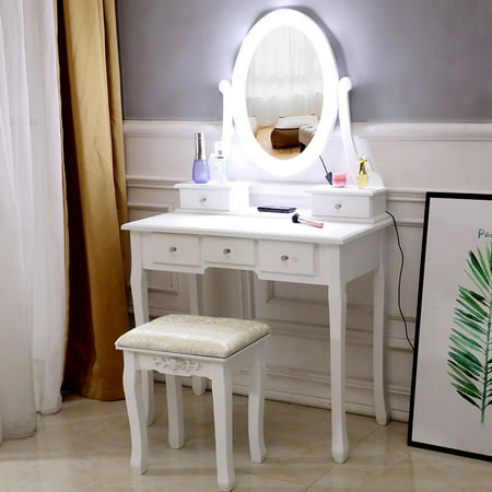Ktaxon Vanity Table 10 LED Lights, 5 Drawers Makeup Dressing Desk with Cushioned Stool Set,Bedroom Vanities Set (Best Lighting For Dressing Table)