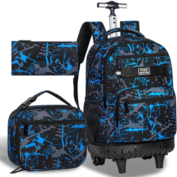 3PCS Boys 19 Inch Graffiti Pattern Rolling Wheeled Backpack Set with Lunch Box for Men Adults Travel, Blue
