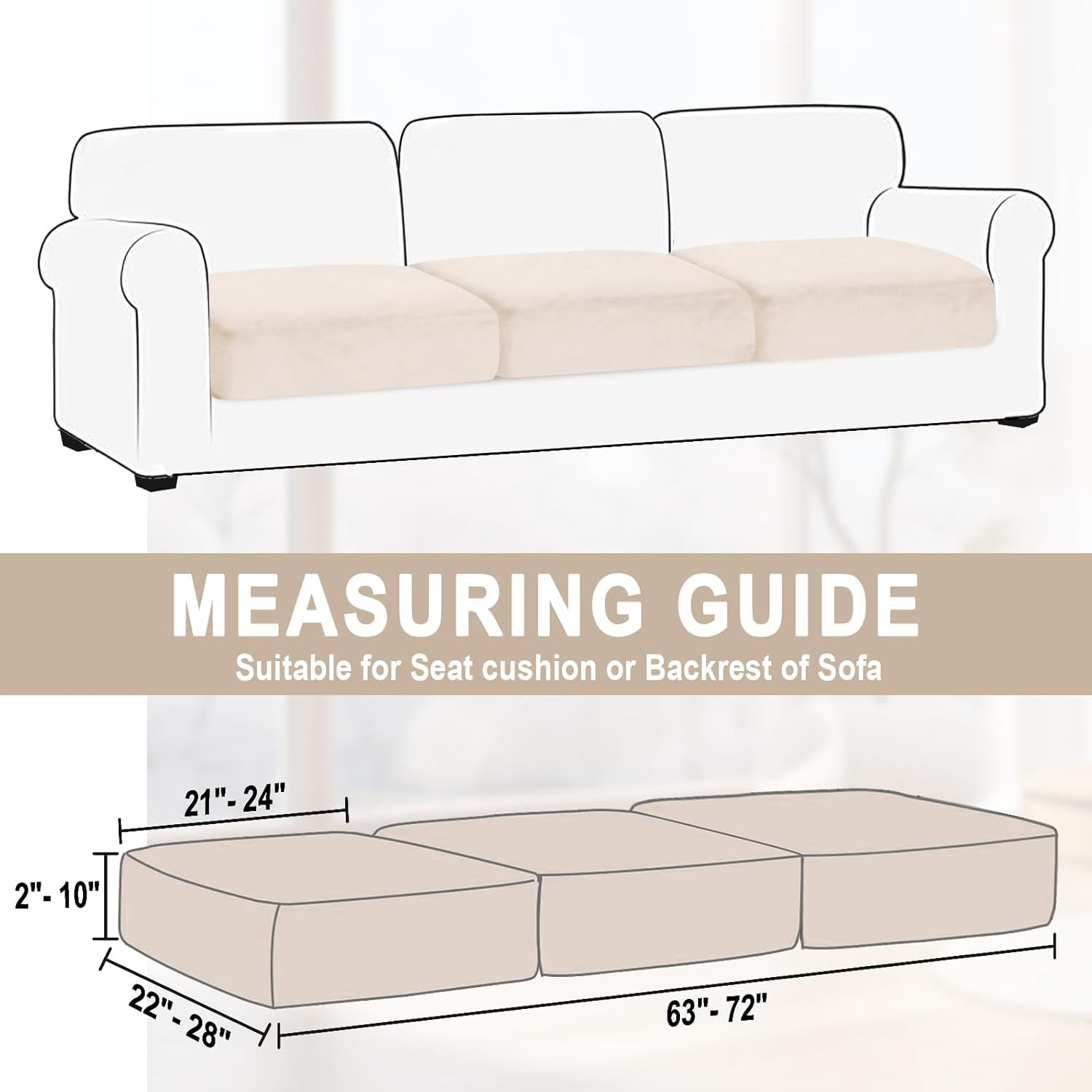 Couch Covers, 3 Pieces Couch Cushion Cover Velvet, Seat Cushion Cover, Stretch Sofa Covers, Separate Sectional Sofa Slipcovers, Furniture Protector(3-Seater or Backrest, Beige)
