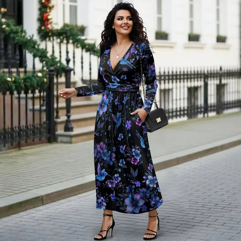 hummingbird maxi dress Fkelyi Womens Fall Dress with Pockets Purple Blue Floral Hummingbird Print V Neck Long Sleeve Maxi Dress for Wedding Guest A-Line Flowy Party Dressess