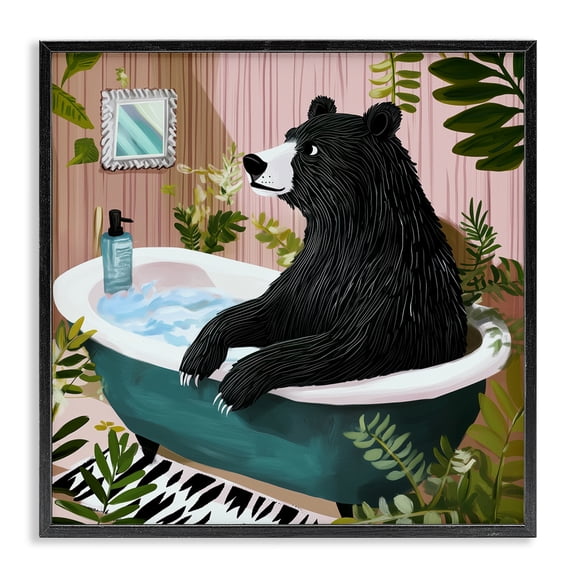 Stupell Industries French Country Bear in Plant Filled Bath Black Framed Giclee Art, 12 x 12, by Annabelle Hall