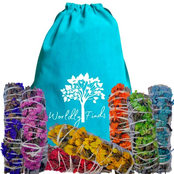 7 Chakra Sinuata Flower White Sage Sticks Set - Cleansing, Balancing, Smudging California White Sage Bundles, Spiritual Home Blessing Set