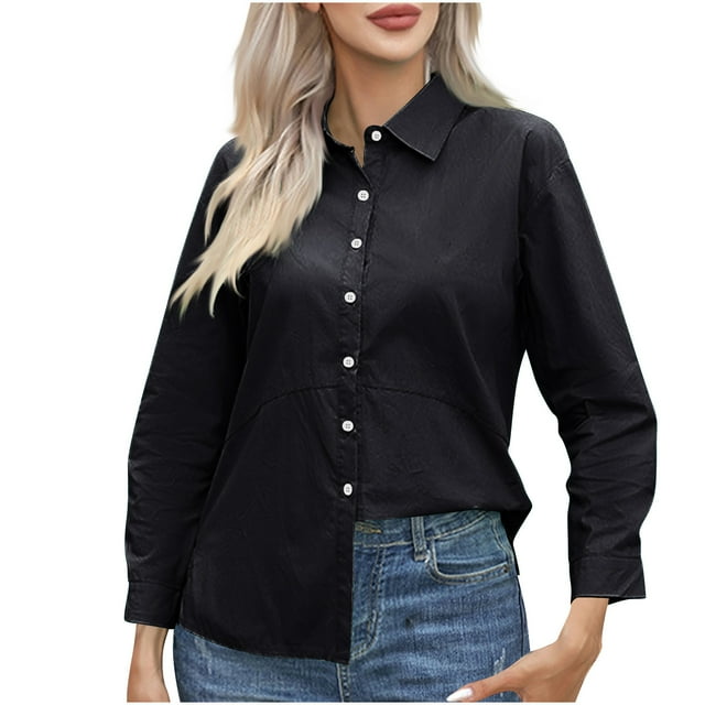 AherBiu Plus Size Button down Shirts for Women Casual Long Sleeve Tops Loose Fitted Collared Shirts