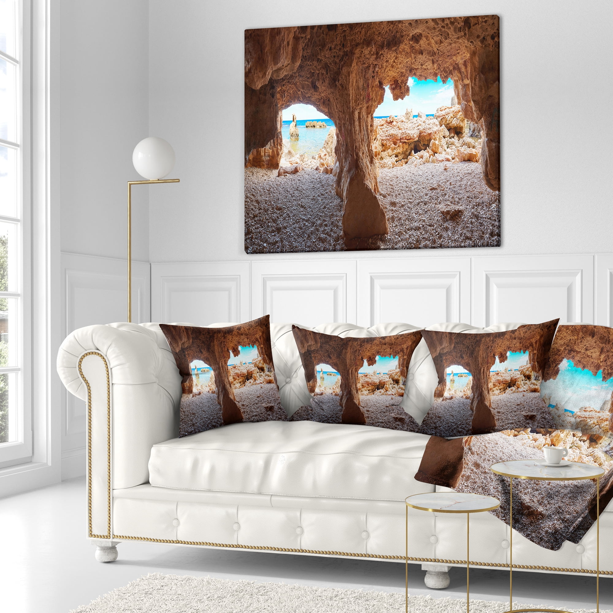 Designart Denia Las rotas Beach Caves - Landscape Printed Throw Pillow - 16x16