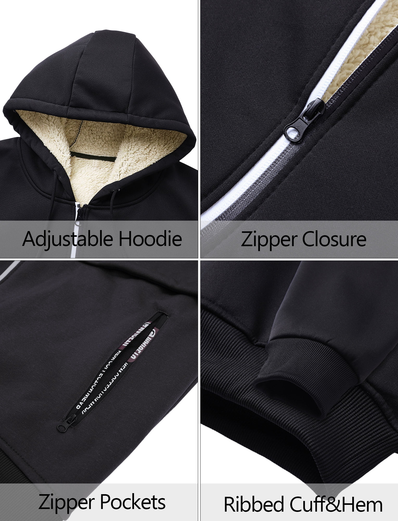 FEOYA Sherpa Lined Hoodies for Men Heavyweight Fleece Jackets Thermal Thick Coat Softshell Outwear Warm winter Sweatshirt with Pockets 2XL Black