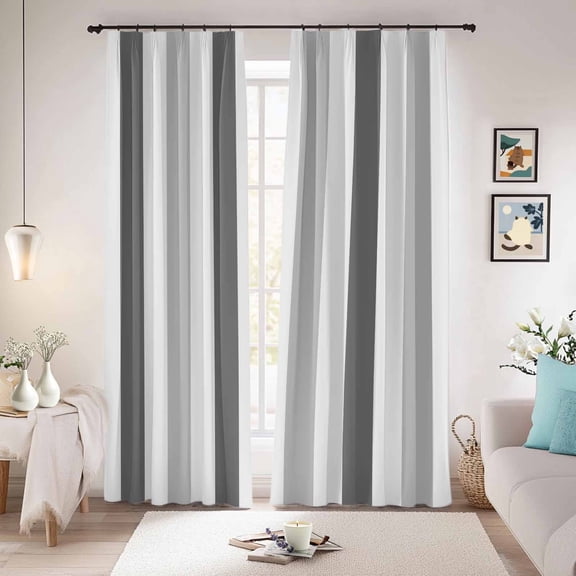 Grey Striped Blackout Curtains for Bedroom/Living Room, Pinch Pleated Black Out Curtains, Minimalist Farmhouse Stripe Room Darkening Window Drapes with Hooks 2 Panels, 39"x70"