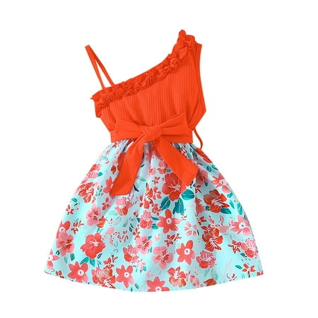 

OJinShaWanO Little Girls Summer Dresses Toddler Girls Ruffles Sleeveless Floral Prints Ribbed Princess Dress Clothes Orange Cotton Blend 12-18 Months