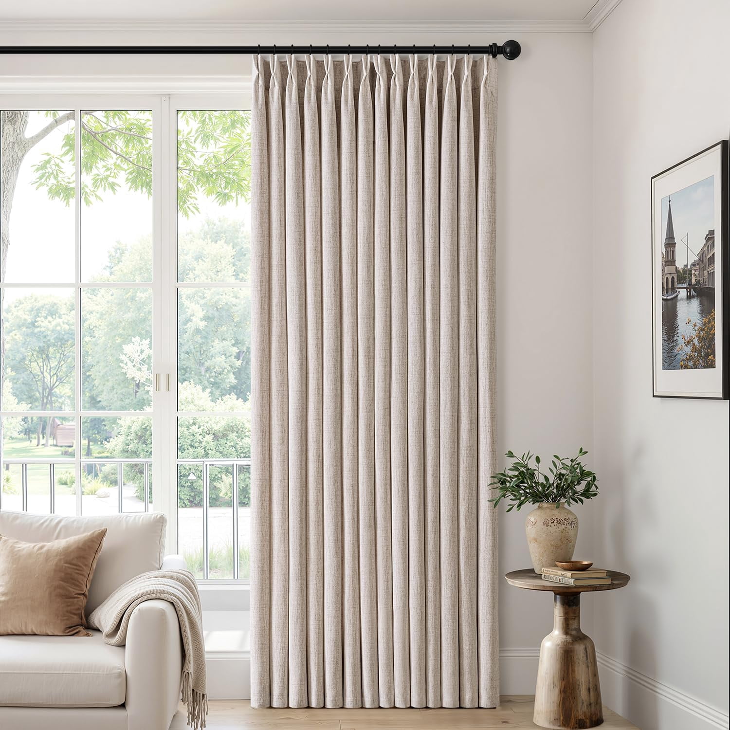 Pinch Pleated Thick Linen Curtains 96 Inch 4 Panels Set Back Tab Memory Trained Pinch Pleat Semi Sheer Light Filtering Privacy Curtain Let Light in Window Drapes for Living Room Bedroom Natural