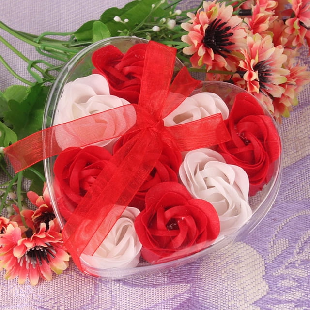 Fiudx Juego de 9 Jabones de Rosas Perfumados En Caja de Corazón, Un Baño de Lujo, Elegante Regalo de Boda, Recuerdos de Fiesta, Color Rojo y Blanco, 11 X 11 X 4 Cm.