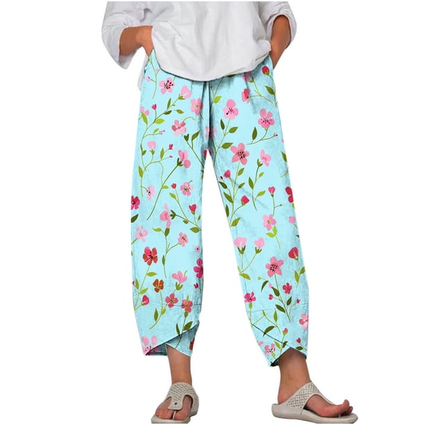 Pantalones de Mujer Traje Verano Cómodo de Moda Impreso Pantalones Recortados, Pantalones Elásticos Casuales