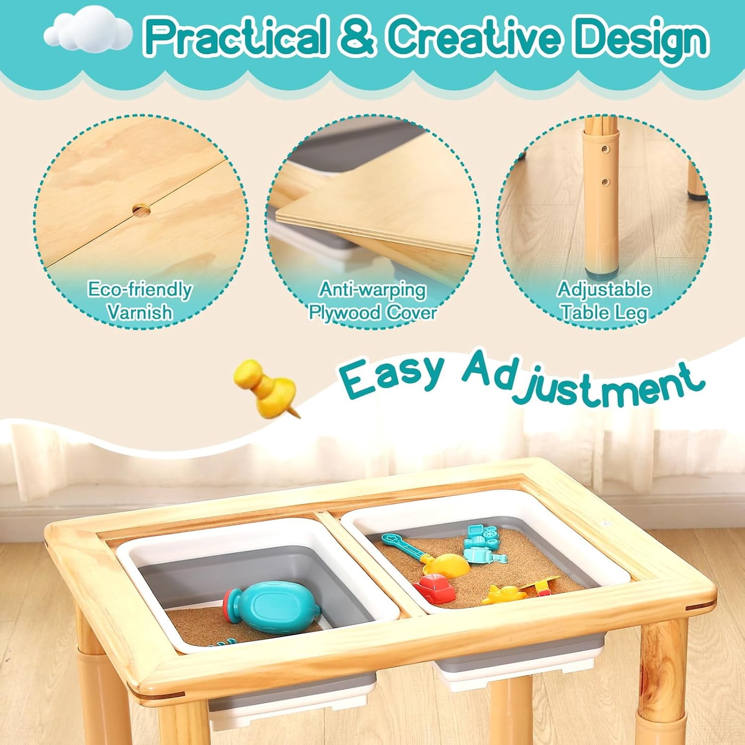 FUNLIO Wooden Sensory Table with 2 Bins for Toddlers 1-5, 4-Level Height Adjustable Kids Activity Table with Anti-Warping Plywood Lid