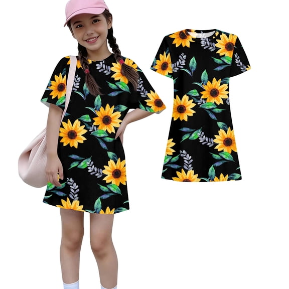 Abcomgle Cute Dresses for Girls 10-12 Casual A-Line Short Sleeve Midi Dress Sunflower Print Summer Crew Neck Cute Sundresses for 4-14t Kids