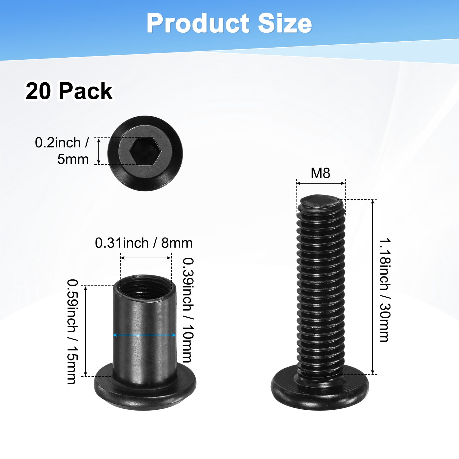 Uxcell 20-Pack Hex Drive Socket Cap Bolt M8 x 30mm Carbon Steel for Furniture