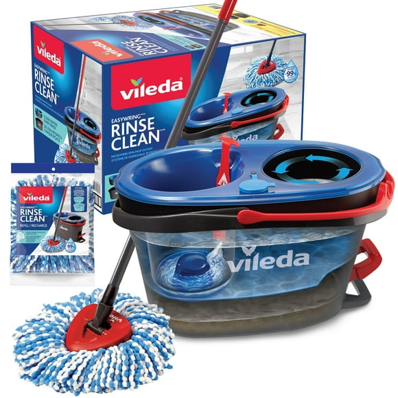 Vileda EasyWring RinseClean Spin Mop & Bucket System with 1 Extra Refill | 2-Tanks Separate Clean and Dirty Water | Machine Washable and Reusable Microfiber Mo