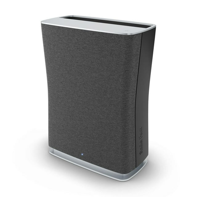 ROGER LITTLE Air Purifier featuring a sleek dark fabric front panel, silver trim, and compact design for indoor air cleaning.