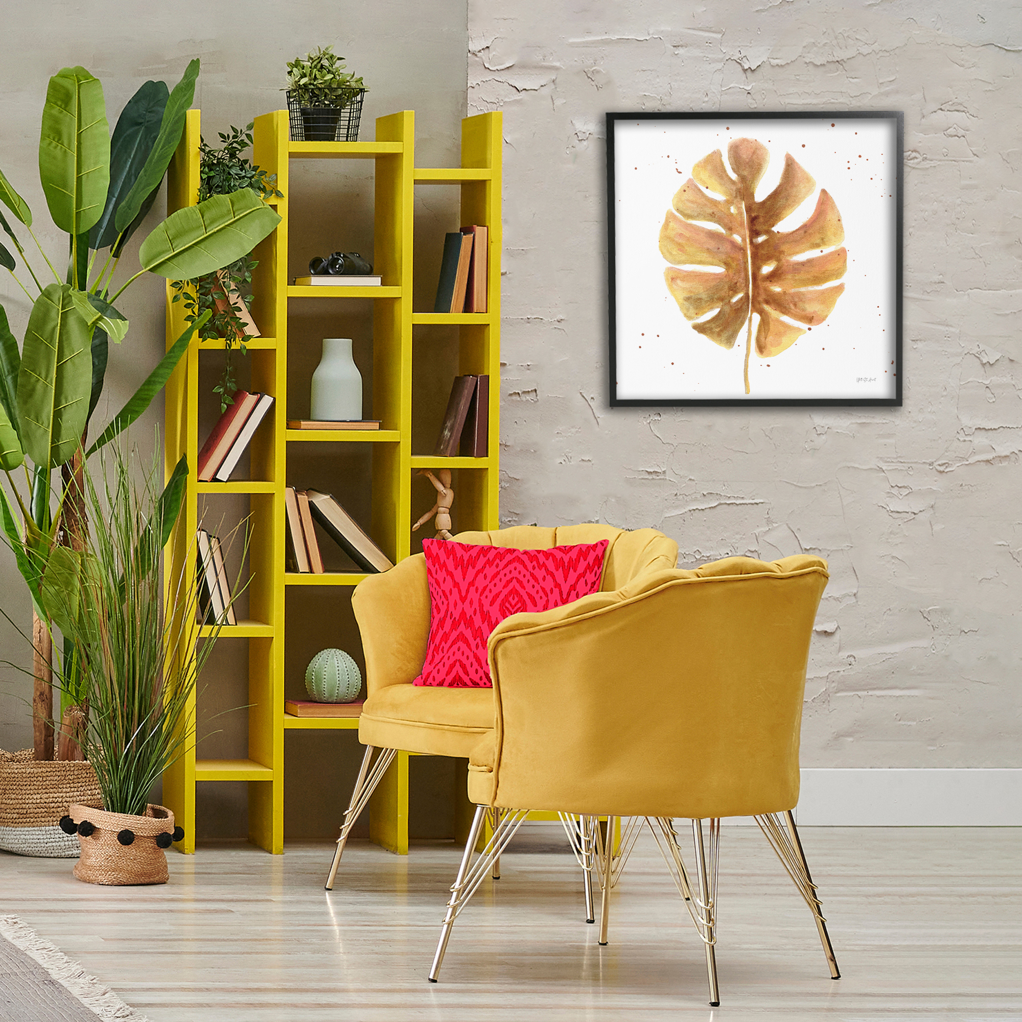 Stupell Industries Golden Palm Leaf Botanical & Floral Painting Black Framed Art Print Wall Art, 24 x 24