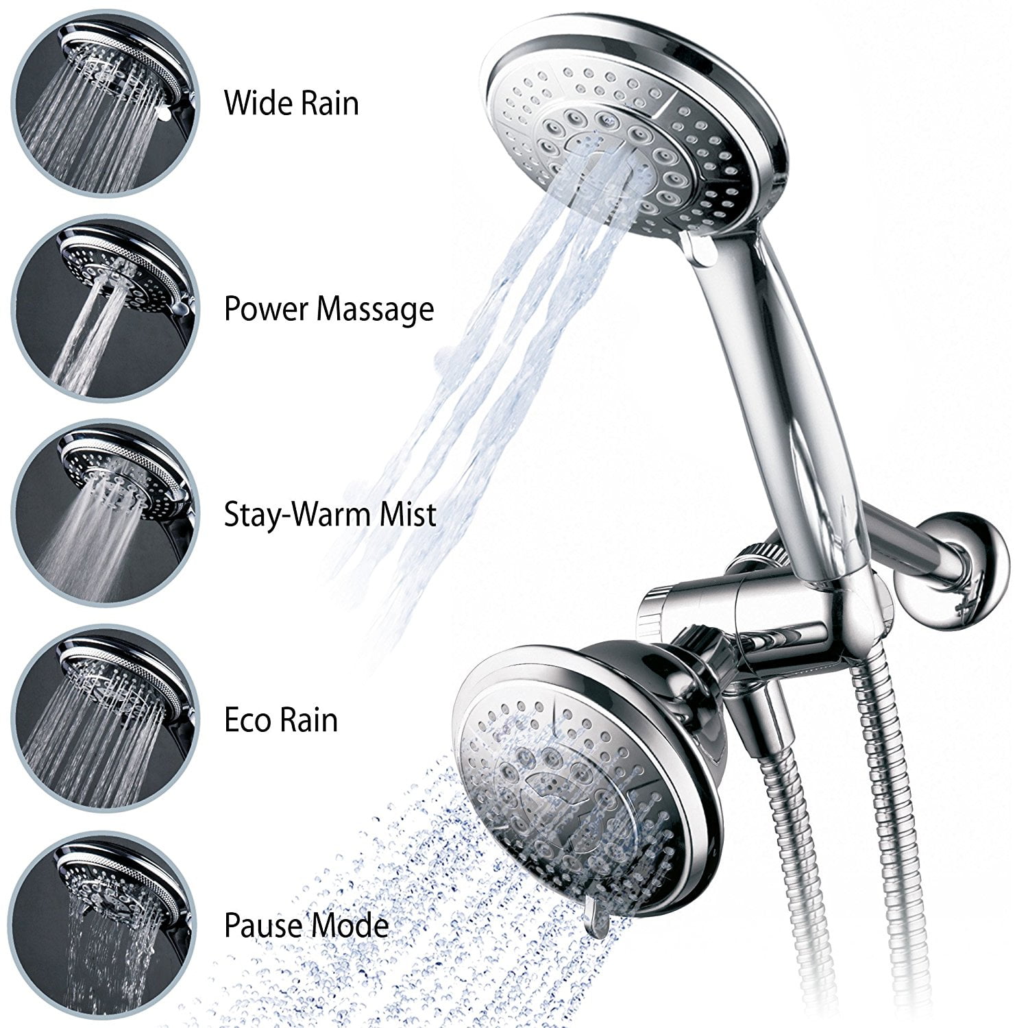 Hydroluxe Full Chrome 24 Function Ultra Luxury 3 Way 2 In 1 Shower Head Handheld Combo