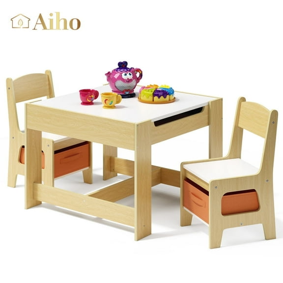 Aiho Kids Table and 2 Chairs Set, 4-in-1 Kids Table Set, Child Activity Desk with Chalkboard/Whiteboard - Retro