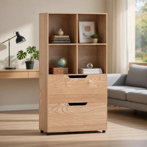 Resenkos 4-Cube Bookcase with 2 Drawers, 51 Inch 5-Tier Tall Freestanding Bookshelf for Living Room, Home, Office, Natural