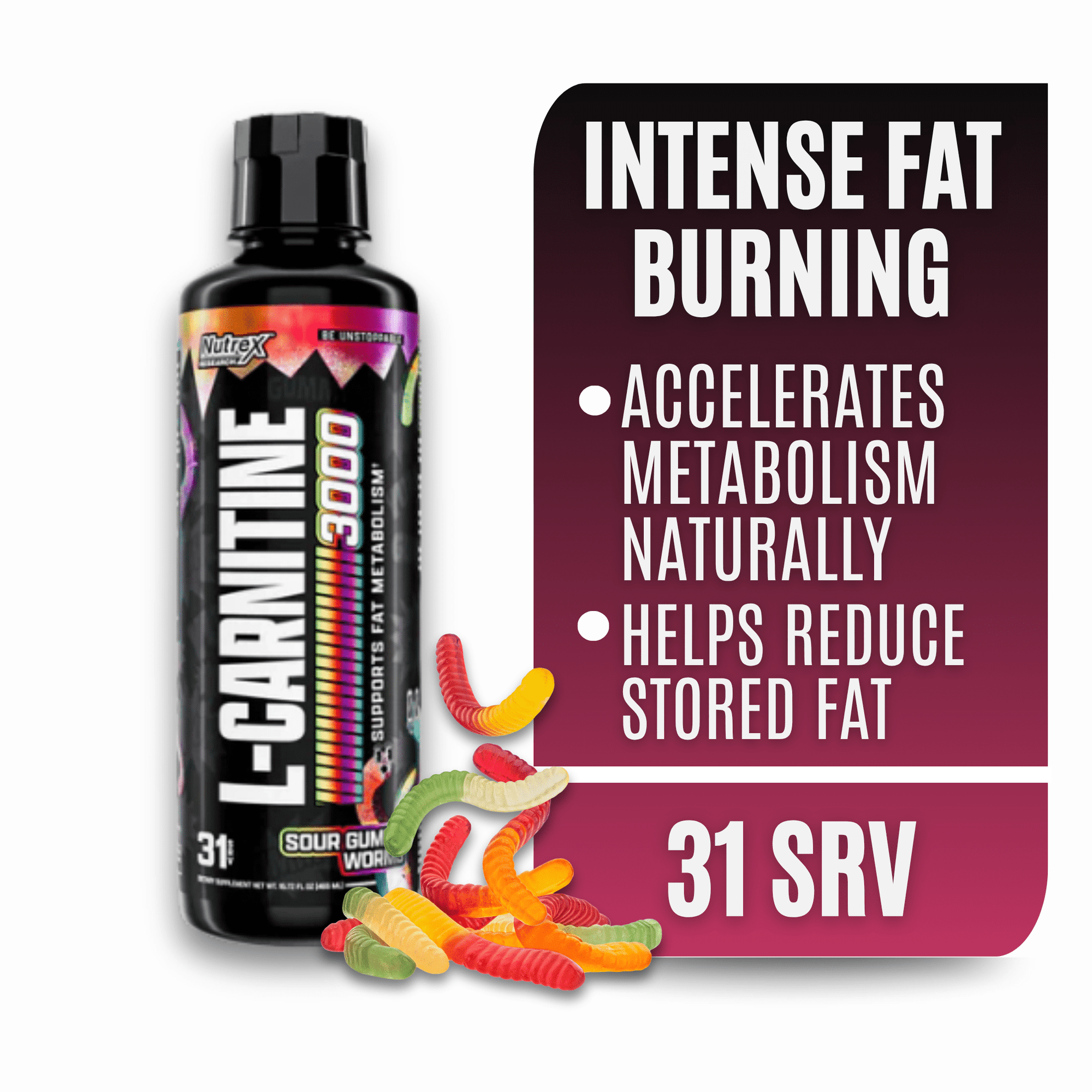 Nutrex Research Liquid L-Carnitine 3000 Sour Gummy Worms Fat Metabolism Energy Support Drink 31 Servings