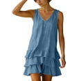 thumbnail image 6 of Women's Summer Cotton Linen Blend Solid Color Dress Sleeveless V-Neck Tiered Ruffle Hem Casual Mini Dress Blue XL(XL), 6 of 7