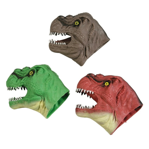 Fun Express 5" x 6 3/4" Red, Green & Brown Dinosaur Rubber Hand Puppets - 12 Pc.