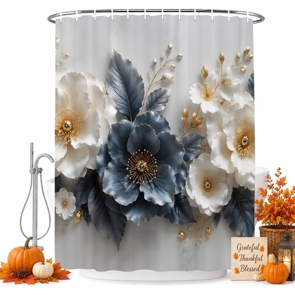 White Navy Blue Flowers Shower Curtain Set - Small 36" x 72" Washable Bathtub Curtain with 12 Hooks, Modern Chic Floral Leaves Waterproof Fabric Stall Shower Curtains for Bathroom/Bathtub Décor