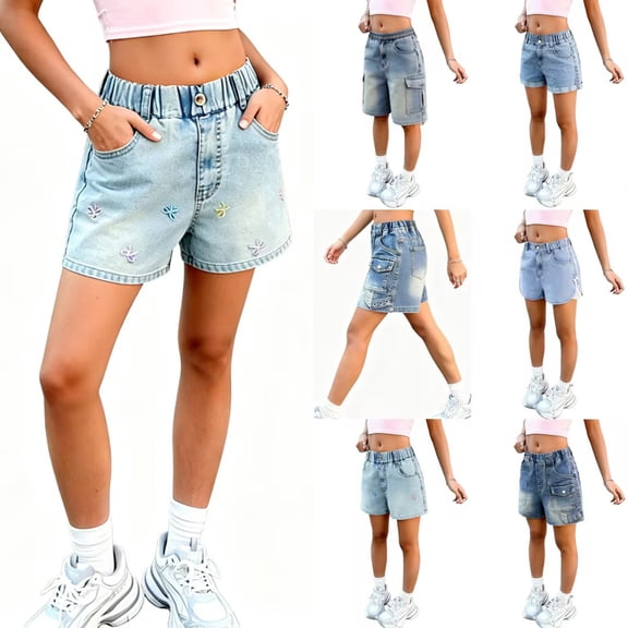Taqqpue Girls Shorts Elastic High Waisted Stretchy Jean Shorts Casual Summer Ripped Frayed Distressed Denim Shorts Raw Hem Junior Shorts Jeans Hot Short Jeans Plus Size Under 10 for Girls 5-15 T