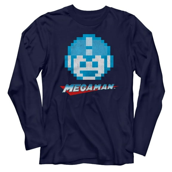 Mega Man Megaface Navy Adult Long Sleeve T-Shirt
