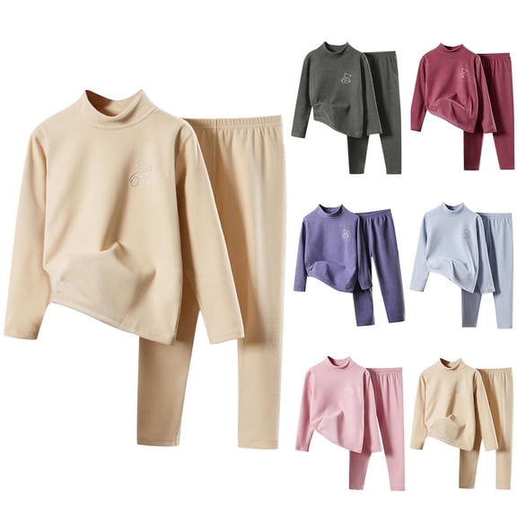 Bixock Kids Thermal Underwear Sets Big Kids Solid Color Long Sleeve Round Neck Shirt Pants 2 Piece Set Brushed Fleece Lining Size 1-14