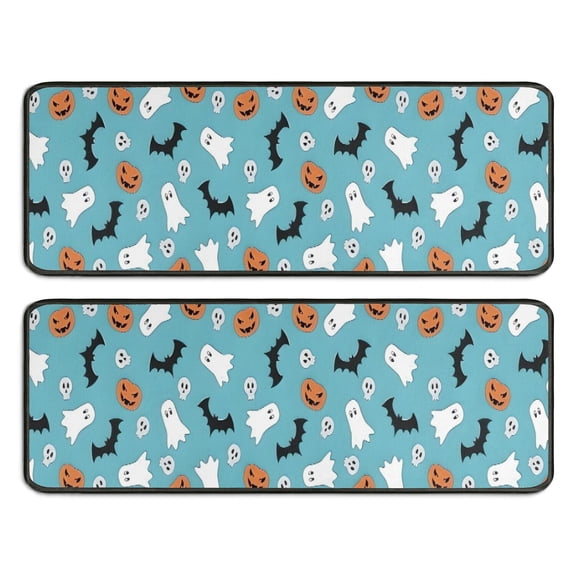 Kitchen Rugs Sets Of 2,Blue Halloween Ghosts Pumpkins Skulls and Bats Anti Fatigue Kitchen Mat Rugs Non Slip Washable,Decorative Kitchen Floor Mats for Kitchen,Sink,Laundry,17"x47" 17"x47"