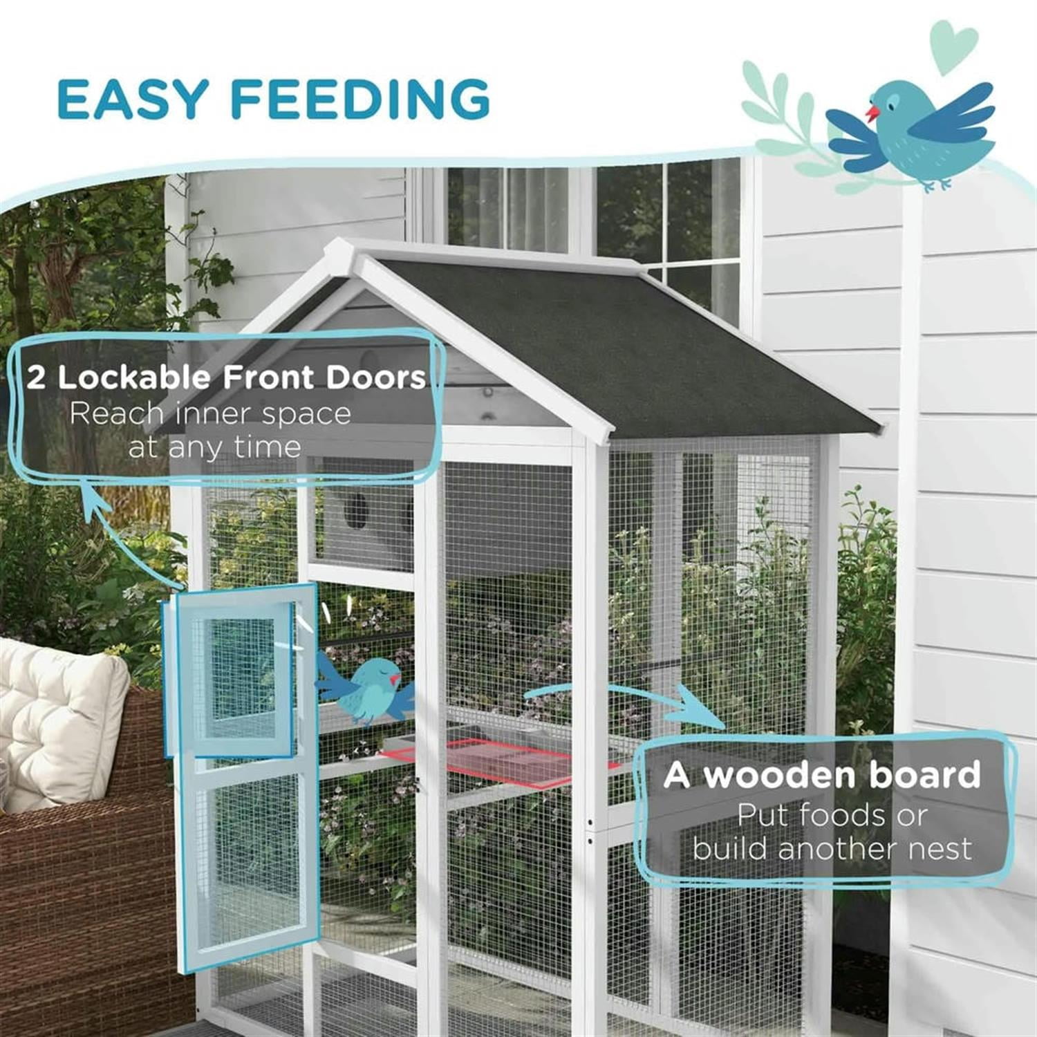 Kadyn 64" Height Wooden Outdoor Flight Bird Cage Aviary with 4 Perches and Slide-Out Tray for Parrots Conures Lovebird Cockatiel Parakeets, Gray