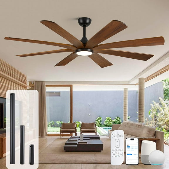 65 inch Large Wood Ceiling Fan with Light and Remote, Farmhouse Wooden 8 Blades Damp Rated, Smart Alexa/Tuya, Indoor Outdoor Fans for Patios Living Room Porch